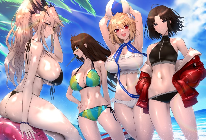 4girls aozaki_aoko arcueid_brunestud arcueid_brunestud_(dazzling_moon) arcueid_brunestud_(mooncancer) artoria_pendragon_(fate) artoria_pendragon_(lancer_alter)_(fate) ass ball bare_shoulders beachball bikini blue_eyes blue_sky blush breasts brown_hair cleavage commentary_request fate/grand_order fate_(series) grey_eyes hair_between_eyes highres holding holding_ball holding_beachball horns huge_ass kara_no_kyoukai large_breasts long_hair looking_at_viewer mahou_tsukai_no_yoru multiple_girls navel open_mouth parted_bangs ponytail red_eyes ryougi_shiki shiroshisu short_hair sidelocks sky smile swimsuit thighs tsukihime type-moon type-moon_heroines yellow_eyes