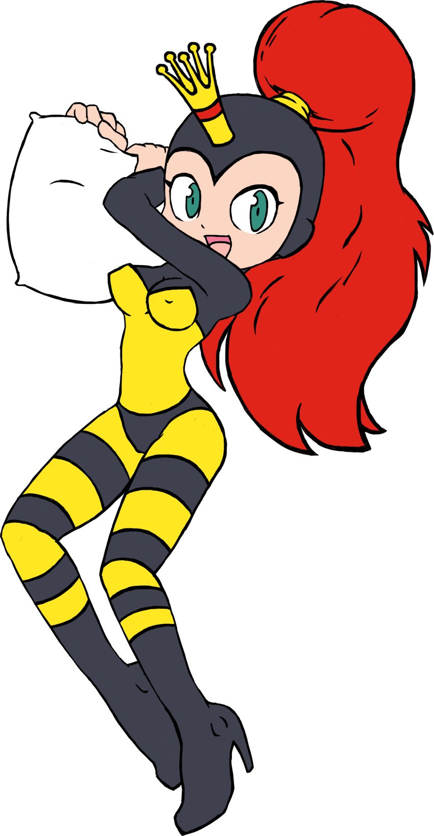 1girls 5_fingers alpha_channel alternate_version_available bee bodysuit bumblebee chingis_khanzo cleavage crown earthworm_jim_(franchise) fairy female female_only for_sticker_use green_eyes happy hi_res high_heel_boots high_heels holding_object holding_pillow humanoid nipple_bulge open_eyes open_mouth pillow png ponytail princess princess_what&#039;s-her-name red_hair royalty sallyx smile solo striped_clothing stripes transparent_background wasp