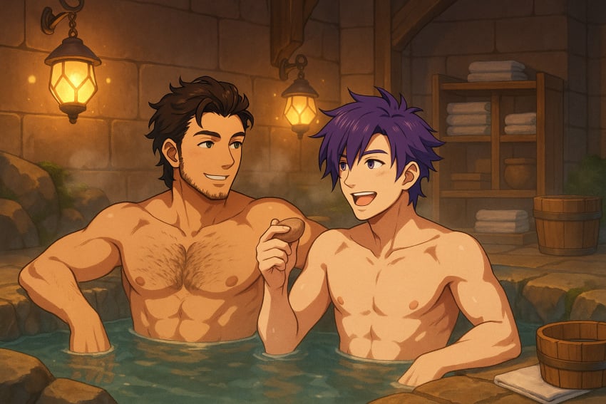 bathing chest_hair claude_von_riegan facial_hair fire_emblem gay shez_(fire_emblem) shez_(fire_emblem)_(male)