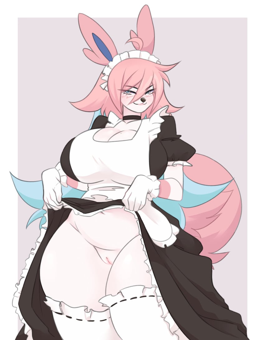 absurd_res anthro big_breasts blue_eyes blue_hair bottomless breasts canid choker clothed clothing curvy_figure dress eeveelution eyelashes female fluffy fluffy_tail generation_6_pokemon genitals gloves hair handwear hi_res jewelry legwear maid_headdress maid_uniform mammal marz_(marzipantwt) marzipantwt necklace nintendo pink_ears pink_hair pink_tail pokemon pokemon_(species) raised_clothing raised_dress smile smiling_at_viewer smirk smirking_at_viewer solo stockings sylveon tail thigh_highs uniform vulva white_body white_clothing white_legwear white_stockings white_thigh_highs