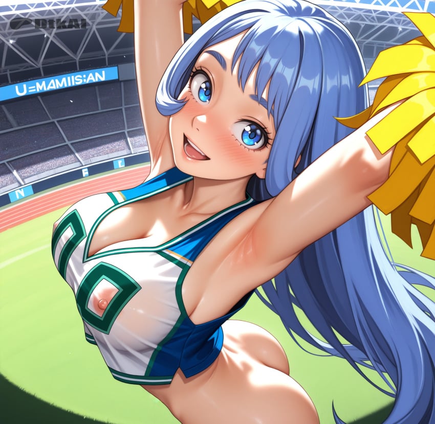 1girls ai_generated arms_up big_ass bouncing_breasts cheerleader cheerleader_uniform dtkai happy jumping large_breasts looking_at_viewer my_hero_academia nejire_hado nipples nipples_visible_through_clothing open_mouth outside parted_lips smile stadium