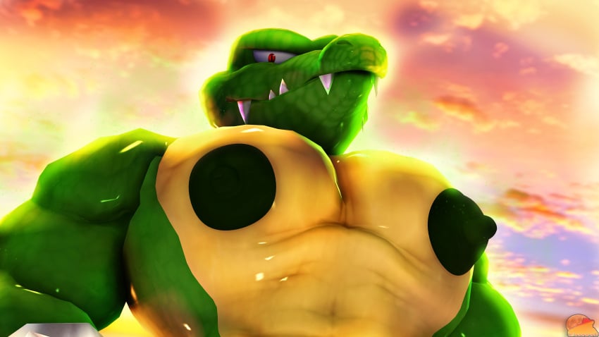 16:9 1boy 2025 2025s 3d 3d_(artwork) 3d_art 3d_artwork 3d_model 3d_render 4k absurd_res anthro anthrofied backlighting big_muscles big_nipples big_pecs crocodilian digital_media_(artwork) donkey_kong_(series) erect_nipples glistening glistening_body green_body green_nipples hi jpg kremling kritter_(kremling) light lighting low-angle_view male moonwulf multicolored_body muscular nintendo nipples pecs png red_eyes render reptile res scalie solo source_filmmaker_(artwork) sunset thick_arms two_tone_body watermark widescreen