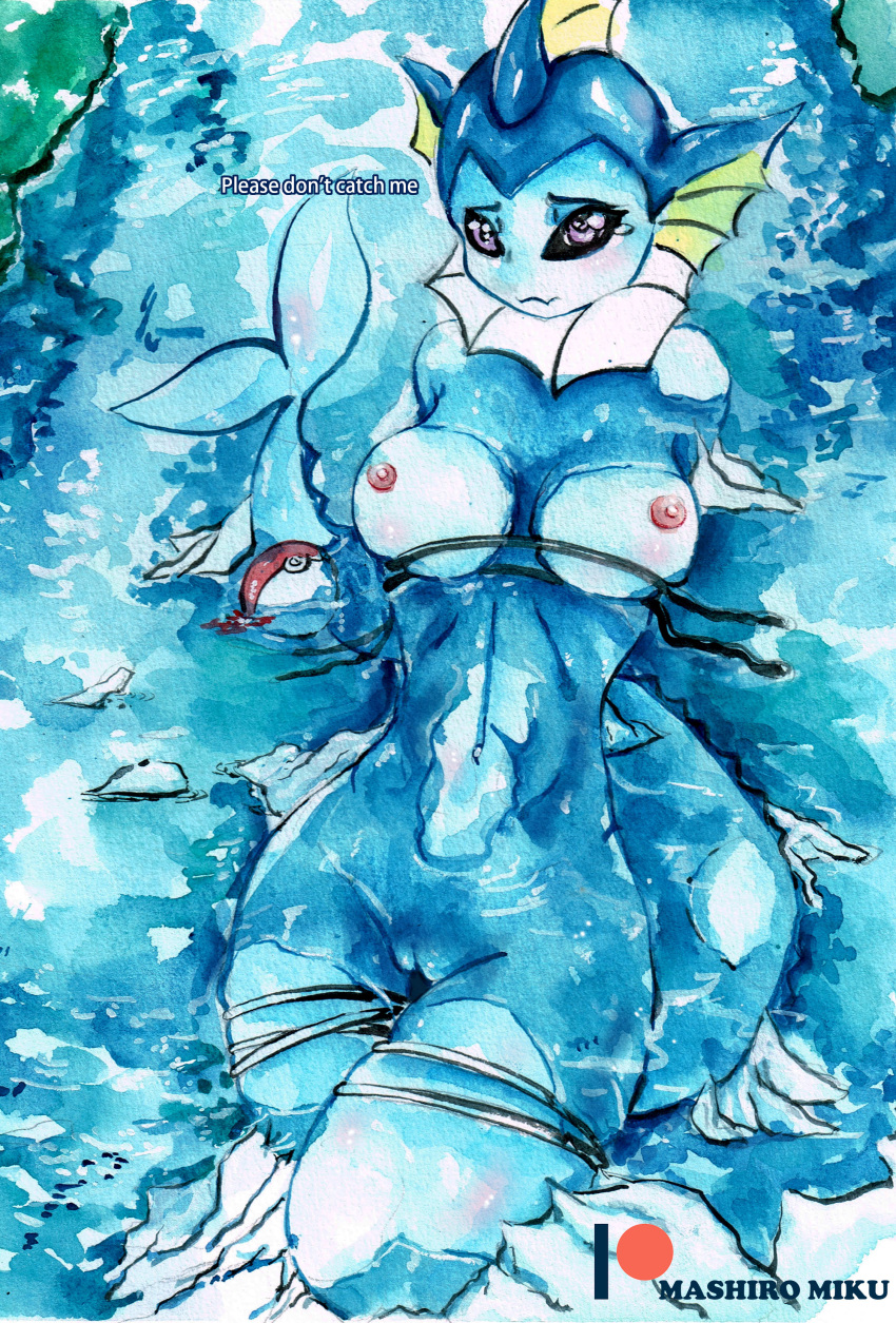 absurd_res anthro breasts eeveelution female hi_res mashiromiku nintendo nipples painting_(artwork) pokémon_(species) pokeball pokemon pokemon_(species) pokemon_rgby pussy solo traditional_media_(artwork) vaporeon video_games watercolor_(artwork)