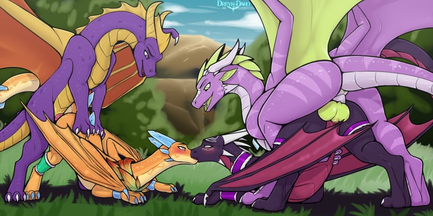 absurd_res activision ass_up big_knot bisexual bodily_fluids claws cynder doggy_style dragon dreyk-daro erection european_mythology female female/female feral foursome french_kissing from_behind_position genitals green_penis group group_sex hi_res horn kissing knot long_neck male male/female membrane_(anatomy) membranous_wings mythological_creature mythological_scalie mythology on_grass orange_body orange_scales penetration penile penile_penetration penis penis_in_vagina pussy saliva scales scalie sex spyro spyro_the_dragon vaginal_penetration ventral_scales vulva western_dragon wings yellow_body yellow_scales