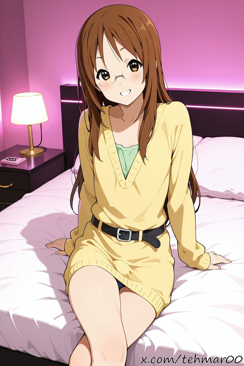1boy ai_generated bed bedroom belt brown_eyes brown_hair crossed_legs femboy genderswap_(ftm) glasses indoors k-on! looking_at_viewer love_hotel male rule_63 sawako_yamanaka_(k-on!) sitting sitting_on_bed smile sweater_dress tehmar trap