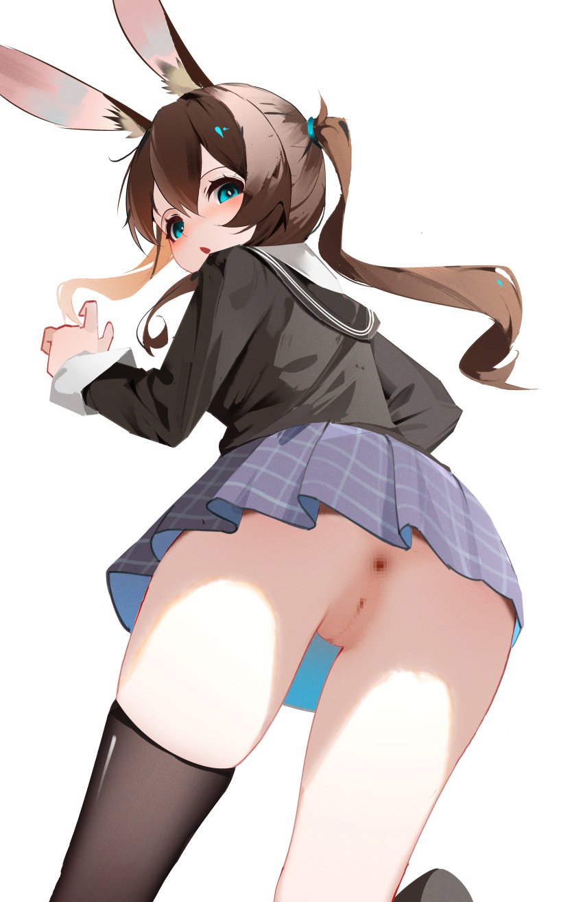 absurdres amiya_(arknights) animal_ear_fluff animal_ears anus aqua_eyes aqua_ribbon arknights ass asymmetrical_legwear black_sailor_collar black_shirt black_thighhighs blush brown_hair censored censored_anus chinese_commentary commentary_request double-parted_bangs feet_out_of_frame female film_grain foot_up from_behind grid_print hair_between_eyes hair_ribbon hand_up highres long_bangs long_hair looking_at_viewer looking_back mosaic_censoring no_panties no_tail parted_lips ponytail purple_skirt pussy rabbit_ears rabbit_girl ribbon sailor_collar school_uniform serafuku shenmi_de_xigua shirt simple_background single_thighhigh skirt solo standing thighhighs turning_head upskirt variant_set white_background