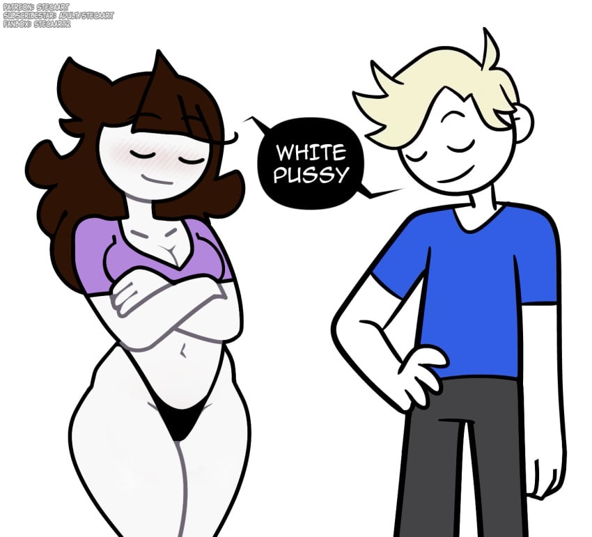 1boy accurate_art_style black_hair black_panties black_pants blonde_hair blue_shirt blush breasts brown_hair cleavage closed_eyes closed_mouth clothing colored_skin crop_top cropped_shirt crossed_arms english_language english_text female hand_on_own_hip highleg highleg_panties jaiden jaiden_(jaiden_animations) jaiden_animations jaidenanimations large_breasts long_hair male medium_breasts navel panties pants pantsu purple_shirt shirt short_hair smile steca text thelazyart thighs u_u underwear white_skin youtube youtuber youtuber_girl youtubers