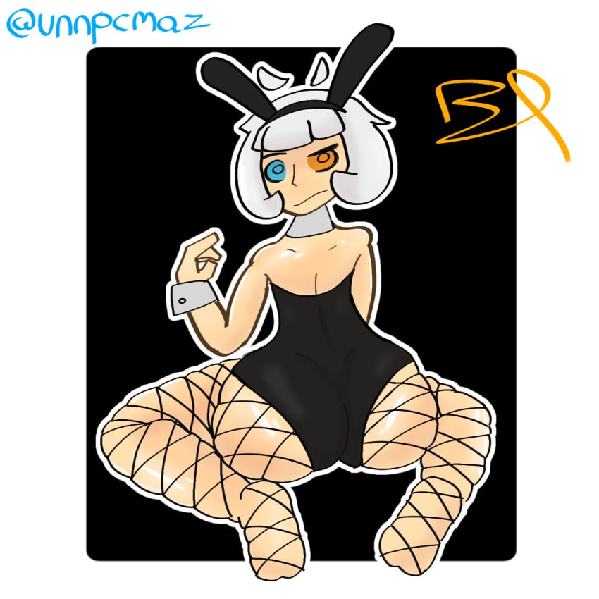 1boy 1femboy ass blue_eye blush bunnysuit femboy oc orange_eye original_character simple_background unnpcmaz white_hair