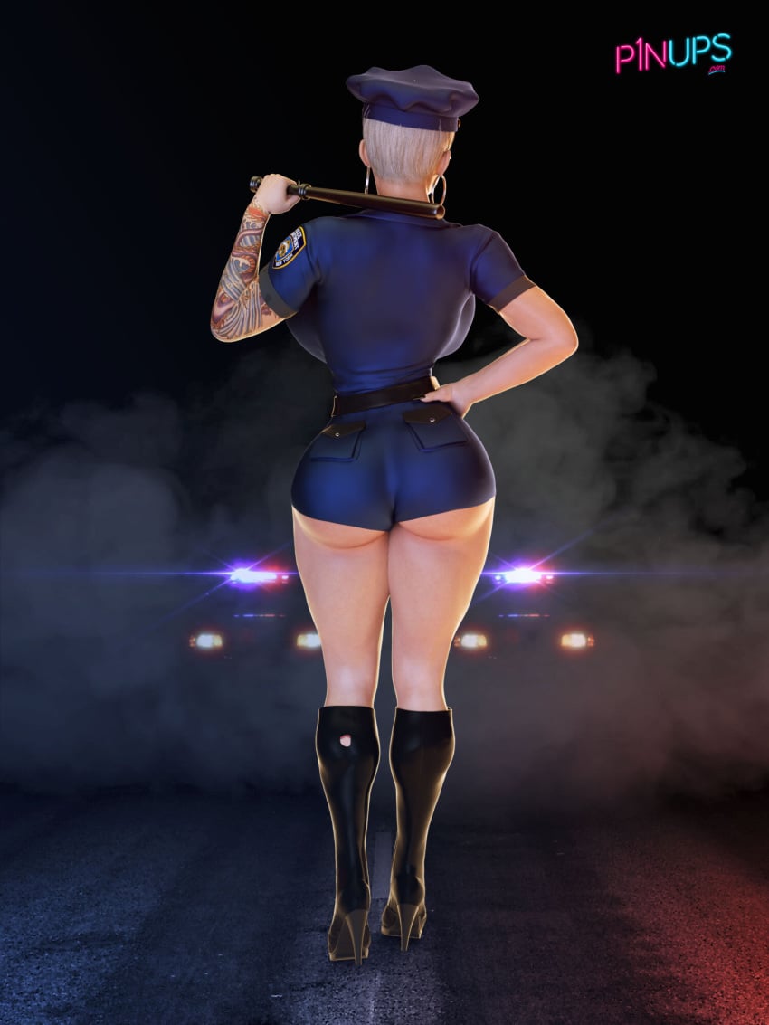 1girls 3d baton belt big_ass big_breasts big_butt bimbo blonde_hair bodysuit boots bubble_butt female from_behind hand_on_hip heel_boots hoop_earrings hourglass_figure huge_ass huge_breasts large_breasts p1nups police police_baton police_car police_hat police_uniform policewoman posing short_hair sidewinder small_waist solo tattoo tight_clothes tight_clothing tiny_waist