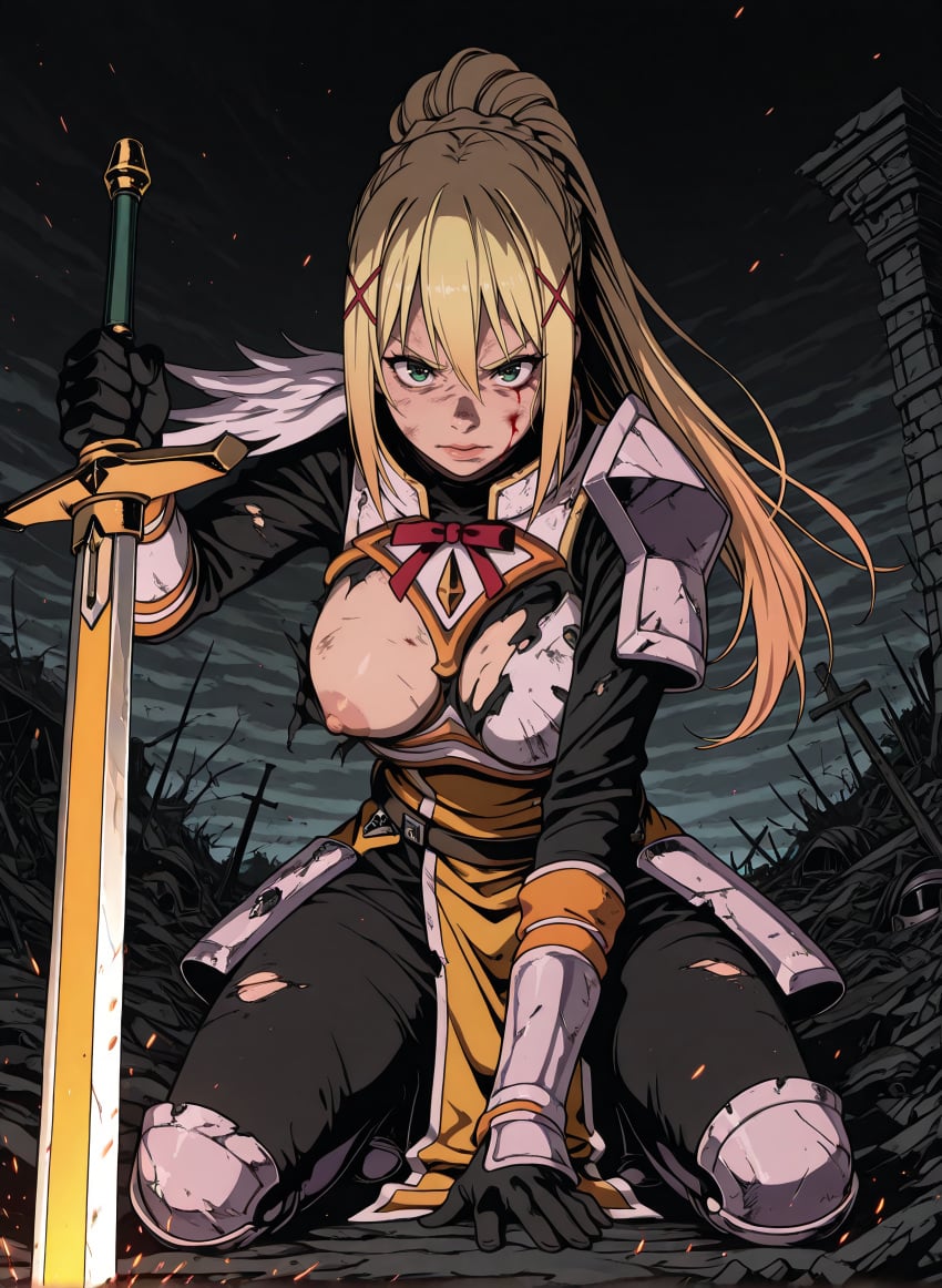 1female 1girls ai_generated armor blonde_hair blood bodysuit braid braided_hair breasts breasts_exposed broken_armor darkness_(konosuba) dustiness_ford_latatina female female_knight fierce fierce_expression full_body futality green_eyes hair_accessory holding_sword kneeling knight kono_subarashii_sekai_ni_shukufuku_wo! konosuba large_breasts lips long_hair looking_at_viewer nipples plate_armor ponytail ripped_clothing solo tattered torn_clothing