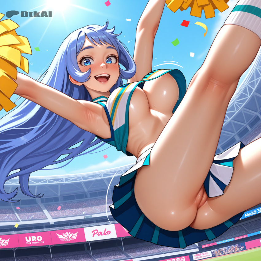1girls ai_generated arms_up big_ass bouncing_breasts cheerleader cheerleader_uniform clitoral_hood clitoris dtkai happy jumping large_breasts looking_at_viewer nejire_hado nipples nipples_visible_through_clothing open_mouth outside parted_lips pussy_juice smile stadium