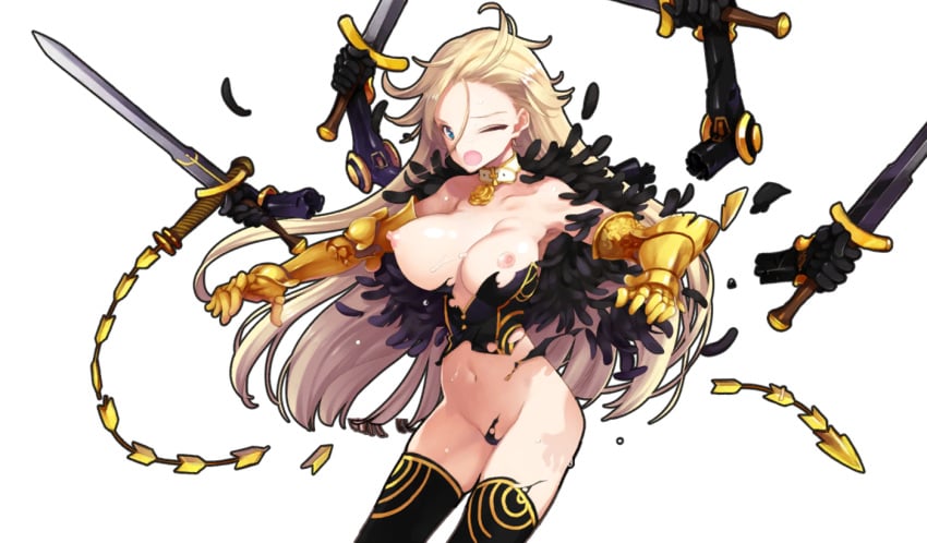 bare_shoulders blonde_hair blue_eyes breasts choker destruction eiyuu_senki female gauntlets gilgamesh_(eiyuu_senki) large_breasts long_hair non-web_source oyari_ashito thighhighs torn_clothes transparent_background