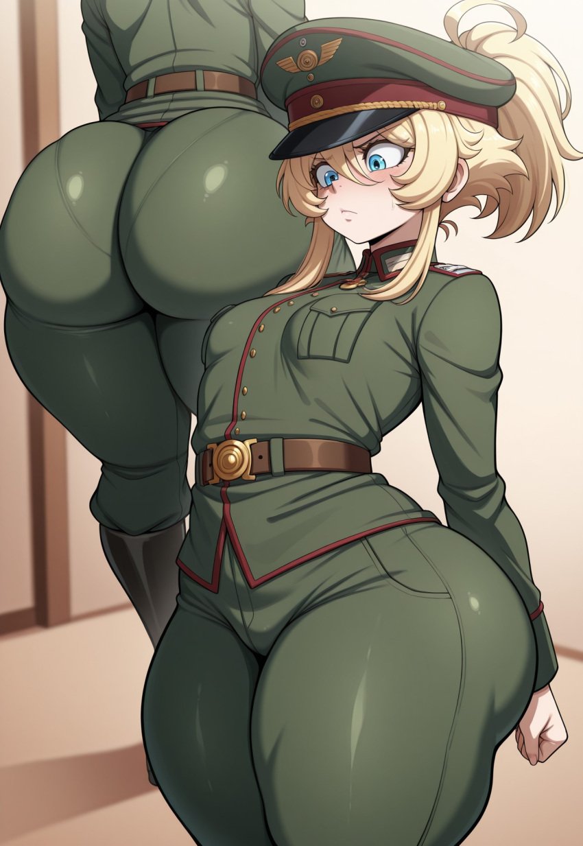 1girls ai_generated ass blonde_hair blue_eyes gilndo8 hat huge_ass large_ass military_uniform solo tanya_degurechaff thick_thighs uniform youjo_senki