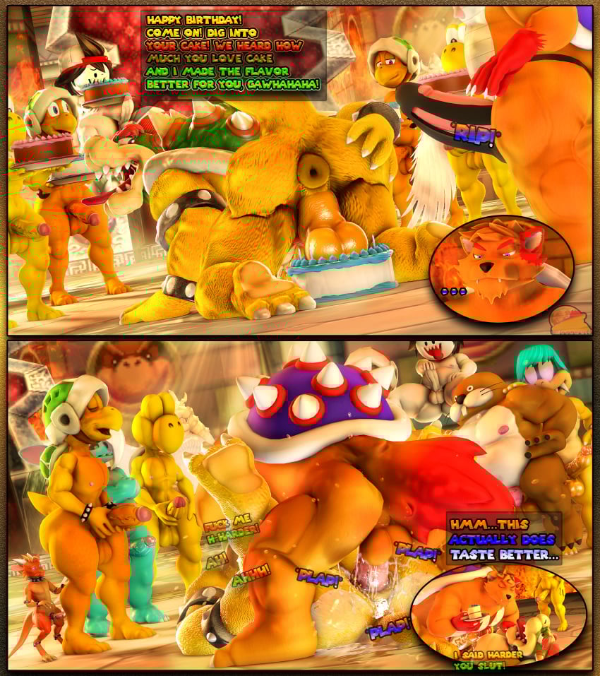2025 3d_(artwork) 9boys absurd_res alien anthro anthrofied anus armor ass balls big_balls big_penis blue_body bodily_fluids boo_(mario) bowser cake cake_slice canid canine canis clothing comic cuffs_(clothing) cum dessert dialogue digital_media_(artwork) feet fire food from_front_position fur furry furry_male furry_only gay gay_sex genital_fluids genitals group hammer_bro headgear headgear_only helmet helmet_only hi_res hybrid kobold koopa koopa_paratroopa koopa_troopa male male/male mammal mario_(series) masturbation mating_press moan monty_mole moonwulf moonwulf_(character) multicolored_body multicolored_fur musclegut muscular nintendo nipples onomatopoeia orange_body orgasm paws pecs penetration penis plate presenting presenting_anus presenting_hindquarters reptile scalie sex shell soles sound_effects source_filmmaker_(artwork) speech_bubble spikes spikes_(anatomy) text thick_arms thick_thighs thong two_tone_body underwear white_body wolf yaoi yellow_body