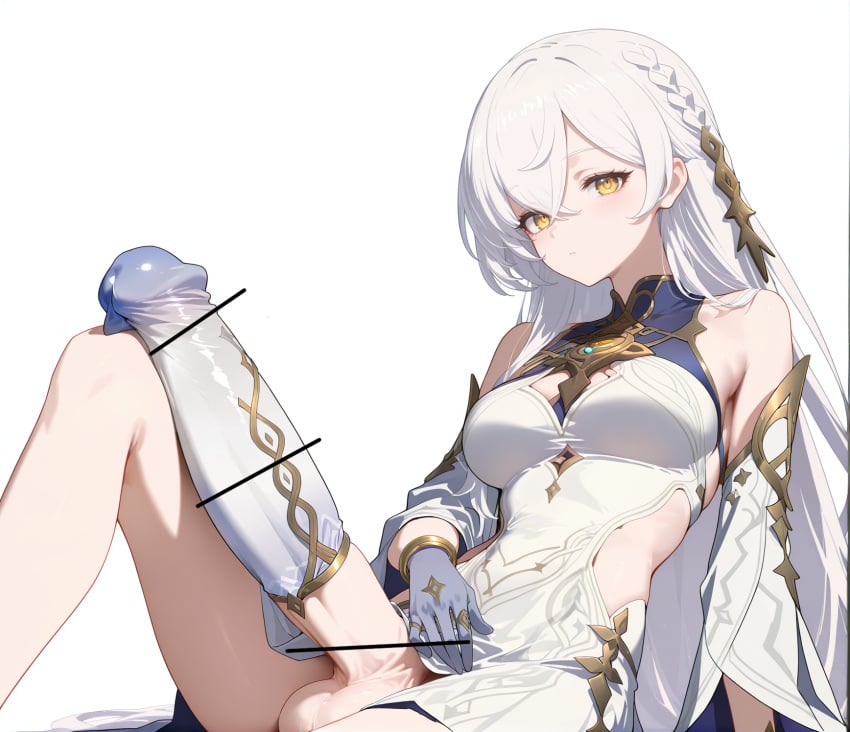 1futa ai_generated balls breasts cleavage clothing dress futa_only futanari genshin_impact golden_eyes huge_balls huge_cock istaroth_(genshin_impact) large_breasts long_hair penis thick_thighs thighhighs thighs white_background white_hair yellow_eyes