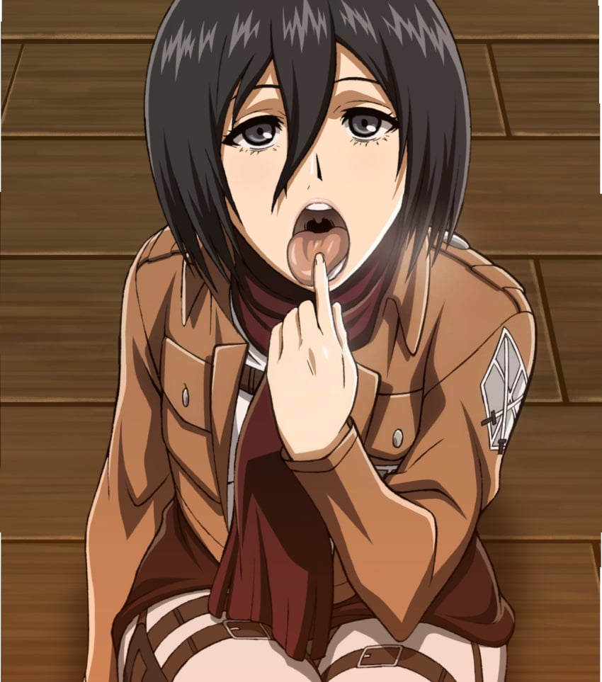 1girls 5_fingers asian asian_female attack_on_titan black_hair breasts clothed clothed_female clothes clothing deepthroat_invitation female female_only finger_in_mouth finger_on_tongue fringe fully_clothed grey_eyes heavy_breathing human imminent_fellatio imminent_oral inviting inviting_to_sex jacket legs light-skinned_female light_skin looking_at_viewer lost_rarities medium_hair mikasa_ackerman military_jacket military_uniform open_mouth pale-skinned_female pale_skin paradis_military_uniform petite pointing presenting_throat red_scarf scarf seductive_eyes seductive_mouth soldier solo solo_female submissive submissive_female takapiko throat tongue tongue_out training_corps_(emblem) uniform