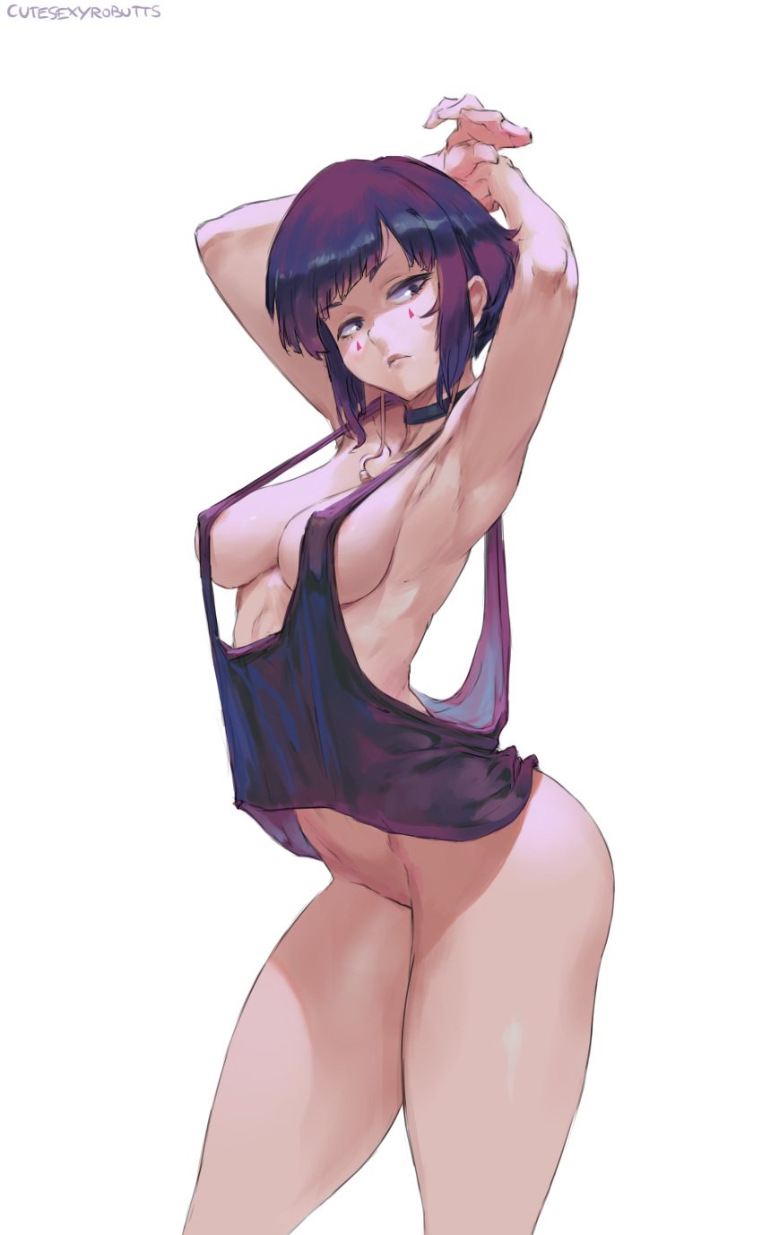 1girls absurdres areola_slip areolae armpits arms_behind_head arms_up arms_up_pose black_choker bottomless breasts choker covered_nipples cutesexyrobutts facial_mark female female_only highres kyoka_jiro light-skinned_female light_skin looking_at_viewer medium_breasts my_hero_academia naked_shirt paid_reward patreon_reward pose posing pout purple_eyes purple_hair seductive shirt short_hair sideboob signature simple_background solo standing tank_top thick_thighs thighs white_background