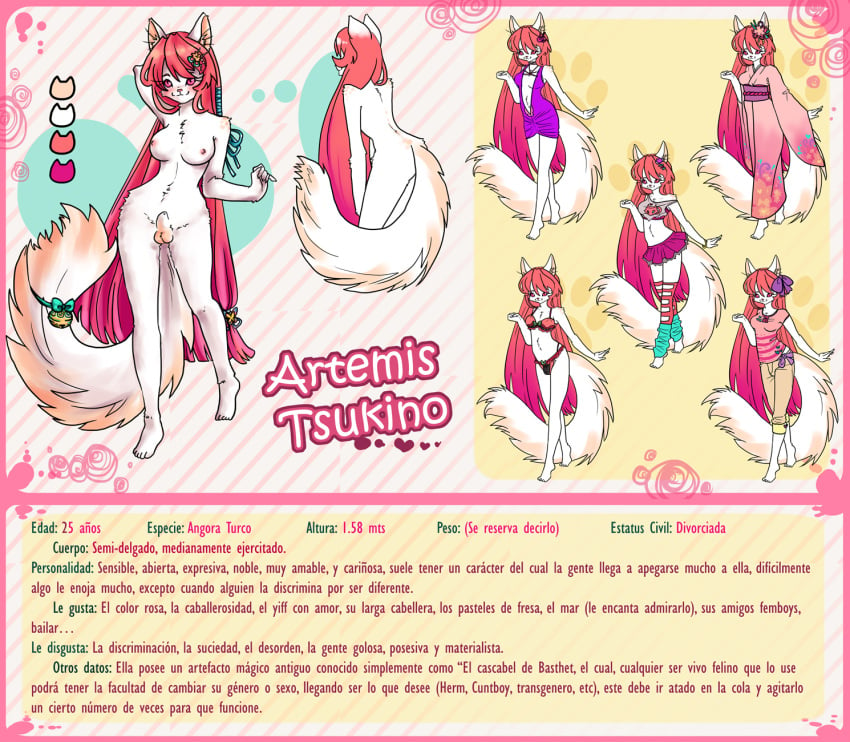 animal_genitalia anthro artemis_tsukino balls bottomwear bra breasts bulge clothing domestic_cat dress felid feline felis fur futanari gynomorph hair intersex japanese_clothing kimono legwear long_hair mammal model_sheet nipples nude panties pants penis pichigani pink_eyes pink_hair rattle sheath skirt smile solo spanish_text stockings text underwear white_fur wide_hips