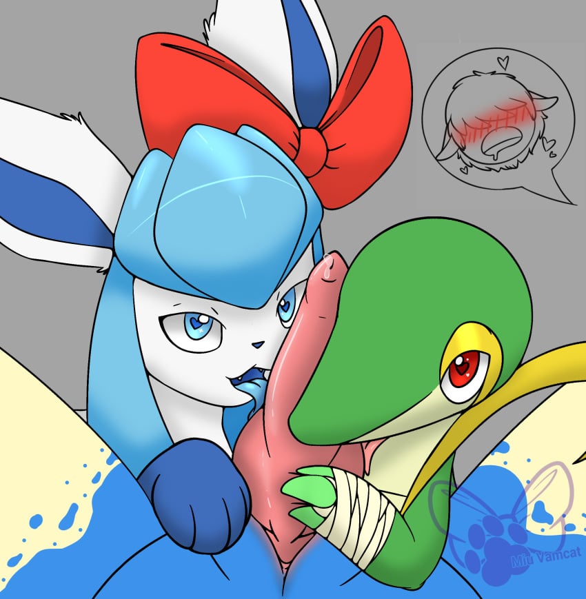 <3_eyes 2019 :3 amphibian animal_genitalia animal_penis anthro blue_eyes blue_fur blush bodily_fluids canid canine canis digital_media_(artwork) eeveelution erection fan_character female feral fur genital_fluids glaceon heart hi_res humanoid hybrid interspecies knot lagomorph leporid licking looking_pleasured male male/male mammal marine miu_vamcat miu_vamcat_(character) nintendo nude open_mouth oral oscar_the_snivy paws penile penis penis_lick poképhilia pokemon pokemon_(species) precum rabbit red_eyes ribbons sex simple_background smile snivy straight swampert tamer_the_swampkingdefender_(tamersan) tongue tongue_out video_games