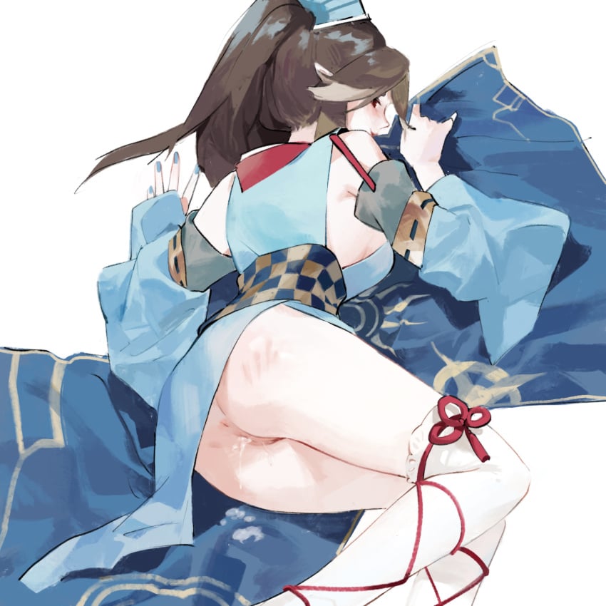 anus ass blue_dress blue_nails blue_sleeves brown_hair chajott64 character_request chinese_clothes commentary cum cum_in_pussy detached_sleeves dress feet_out_of_frame female highres kneehighs long_hair looking_at_viewer looking_back no_panties obi onmyoji pointy_ears ponytail pussy sash simple_background slap_mark smile solo thighs white_background white_legwear