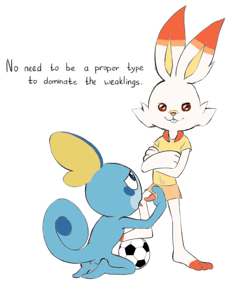 1boy ambiguous_gender anthro anthrofied ball bottomwear clothing kitsune2000 licking male nintendo original_character penis pokémon_(species) pokemon pokemon_ss scorbunny shirt shorts sobble soccer sport sportswear text tongue tongue_out topwear video_games