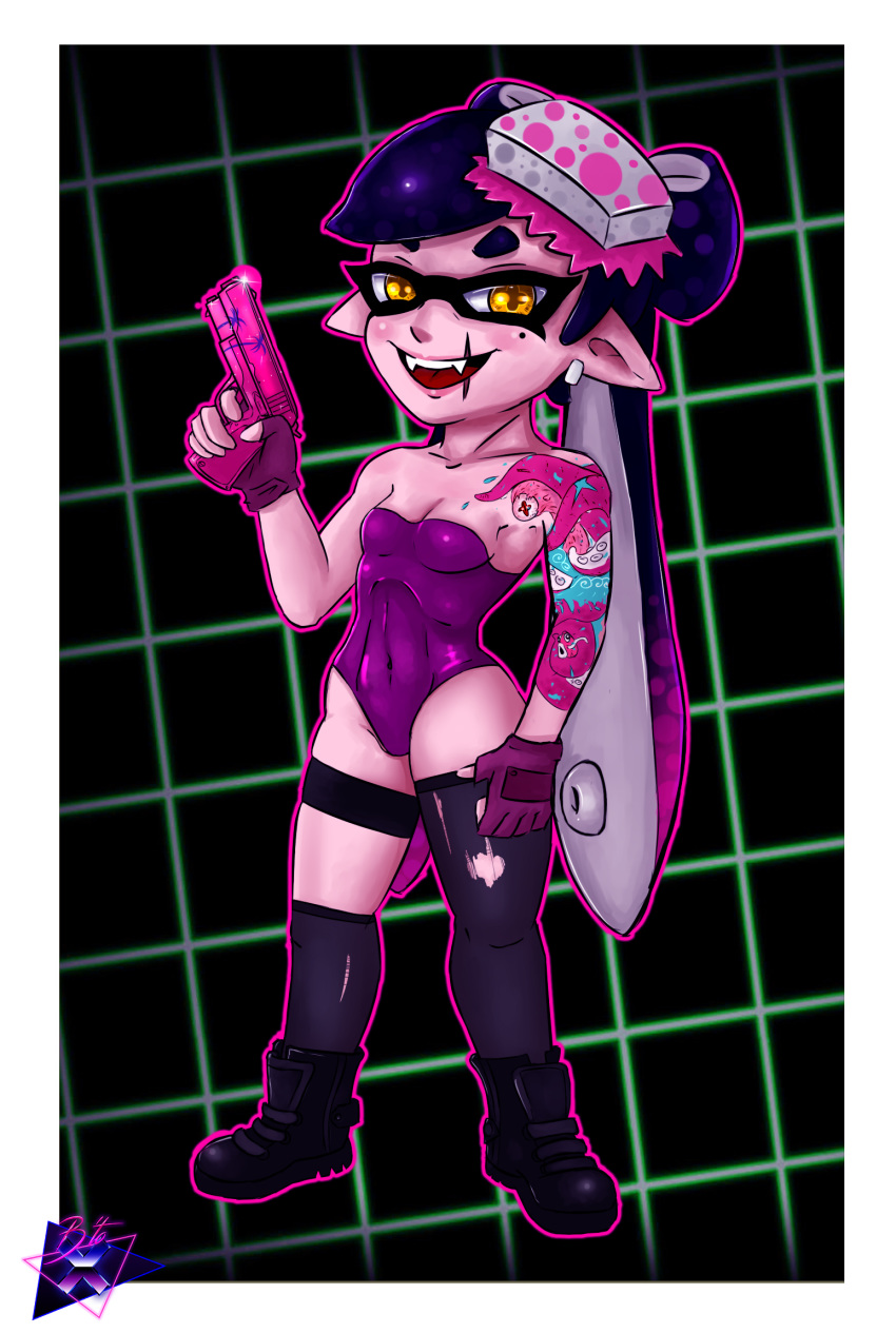 callie_(splatoon) gun hotline_miami hotline_miami_2 inkling inkling_girl neon_grid radiobx shortstack smooth_skin splatoon splatoon_2 squid squid_sisters synthwave tagme tattoo