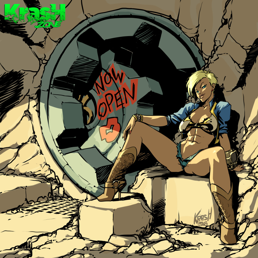 1girls abs big_breasts blonde_hair blue_eyes bracelet breasts busty casual cigarette clothes computer crop_top electronics fallout female footwear human kras krashzone open_fly original_character pale_skin pinup pip-boy pose posing ripped_clothing short_hair short_shorts sitting tagme text vault_dweller vault_girl vault_suit watermark wide_hips wristwear