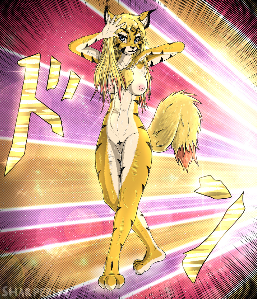 absurd_res adventure anthro blonde_hair breasts felid feline female hair highres jojo_reference line_art love mammal nude pantherine pussy sady shaded sharperit tiger