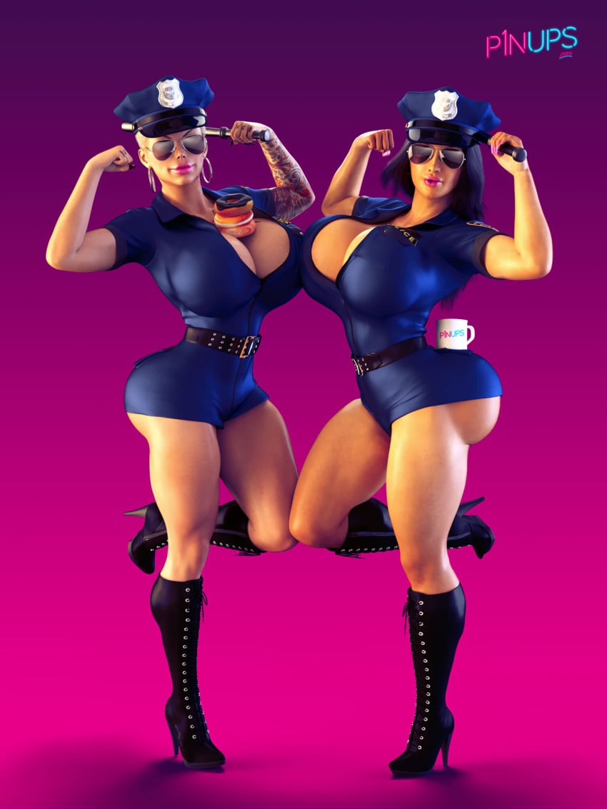 2girls 3d arched_back ass big_ass big_breasts big_lips boots breasts cleavage clothing color cop cup dat_ass doughnut duo female female_only flexing hat high_heels original original_character p1nups pinup police pose sunglasses