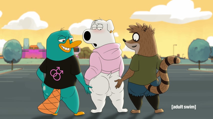 16:9 3boys animated anthro anthro_on_anthro ass backsack balls blush booty_trio bottomless brian_griffin canid canine canis cartoon_network clothed clothing disney domestic_dog family_guy gay group hi_res jasper_(family_guy) male male/male male_only mammal monotreme ok_k.o.!_let's_be_heroes perry_the_platypus phineas_and_ferb platypus procyonid raccoon raymondfoxxx regular_show rigby_(regular_show) yaoi