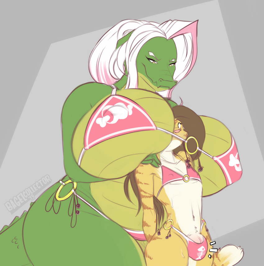 absurd_res bagelcollector big_breasts bikini breasts bulge clothing crocodile crocodilian crocodylid domestic_cat duo felid feline felis female femboy femboy_on_female girly hi_res huge_breasts kale_(bagelcollector) male mammal reptile scalie straight swimwear