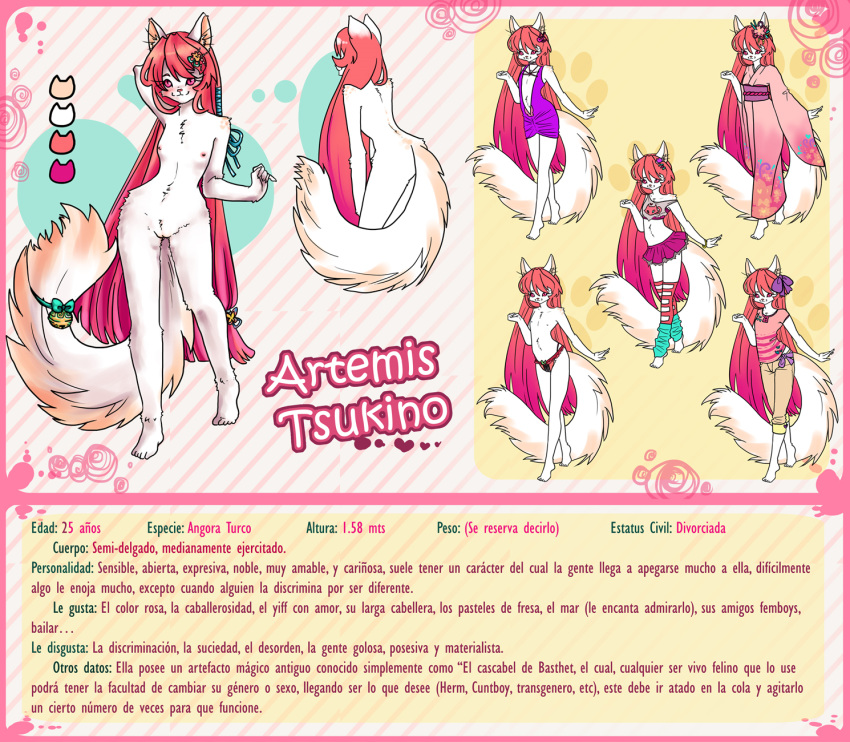 anthro artemis_tsukino bottomwear clothing domestic_cat dress felid feline felis female fur hair japanese_clothing kimono long_hair mammal model_sheet nipples nude pichigani pink_eyes pink_hair pussy rattle skirt solo spanish_text text translated underwear white_fur wide_hips