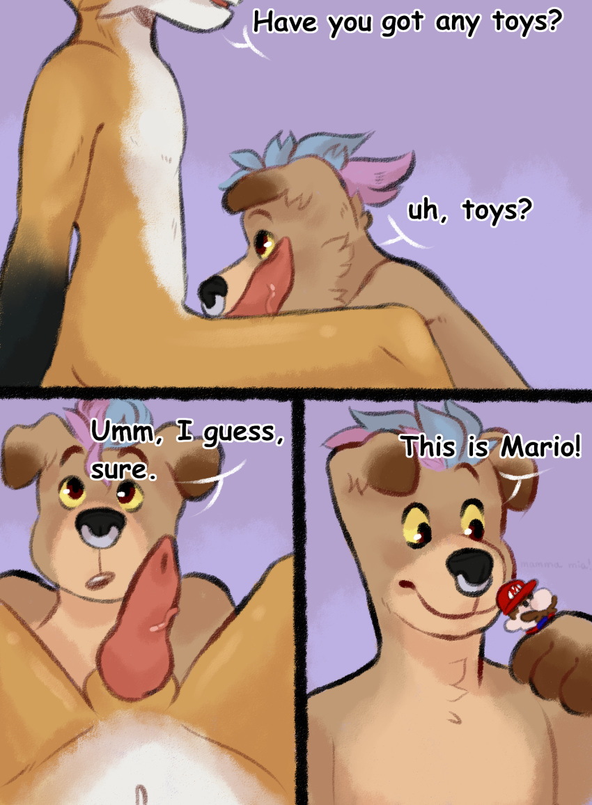 animal_genitalia animal_penis anthro bubblegumboi canid canine canine_penis canis cervid comic digital_media_(artwork) domestic_dog duo english_text erection fox gvmi hi_res hybrid interspecies knot male male/male mammal nude penis sitting text toony vorpi