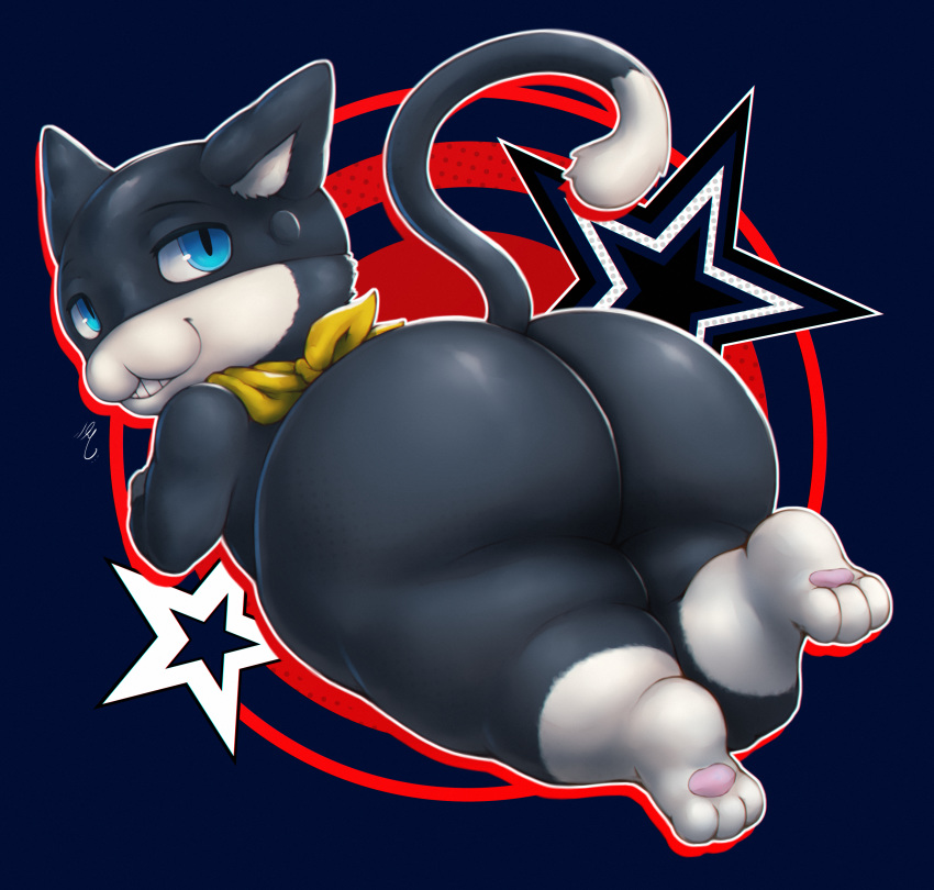 anthro ass bandana big_butt bitfly blue_eyes eyebrows feline grinning male_only mask morgana_(persona) paws persona persona_5 smiling teapot_(body_type)