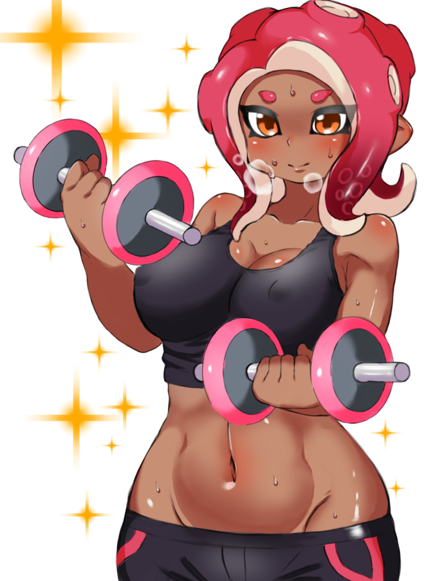 1girls agent_8_(splatoon) blush breasts cephalopod cephalopod_humanoid cleavage color dark-skinned_female dark_skin female female_only humanoid marine marine_humanoid muscular_female navel nintendo octoling orange_eyes pengin_maru red_hair shiny_skin smile solo splatoon sweat tentacle_hair weightlifting weights