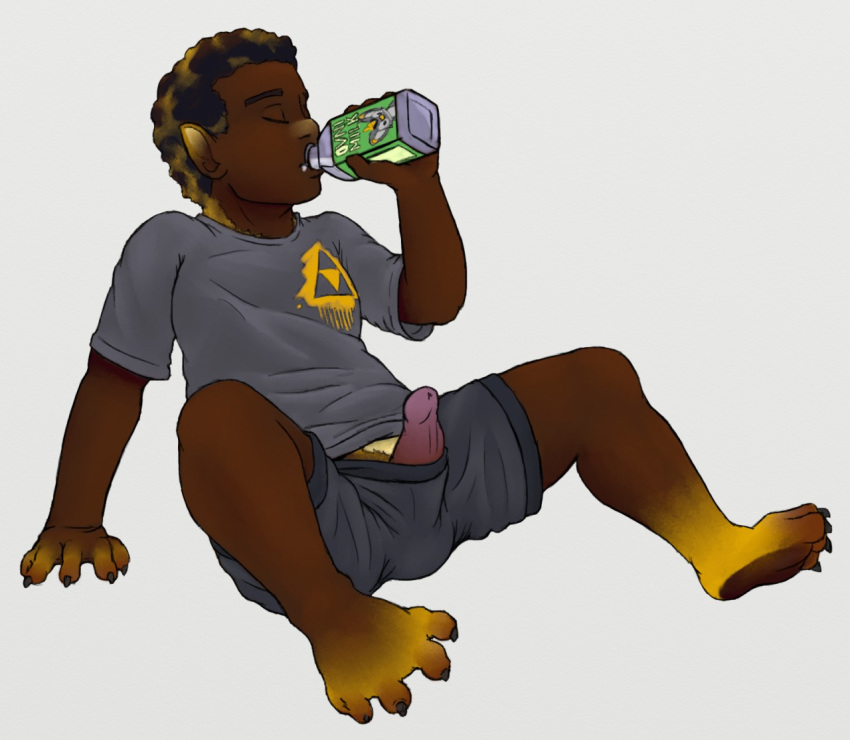 2018 5_fingers alien beverage bottle bottomwear claws closed_eyes clothed clothing dark-skinned_male digital_media_(artwork) disney drinking erection exotic_colors experiment_(lilo_and_stitch) fan_character fingers grey_background grey_clothing grey_shirt grey_topwear holding_bottle holding_object human_to_anthro lilo_and_stitch male male_only mel_(lodoss-12) ovnee ovni ovni_milk penis petrock poking_out shirt shorts simple_background solo species_transformation t-shirt toe_claws topwear transformation triforce