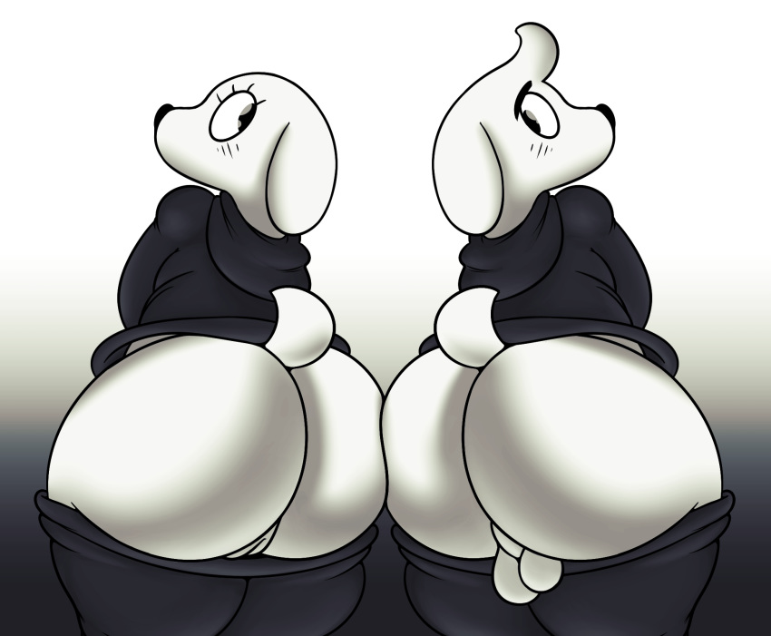 anthro ass backsack balls big_butt canid canine canis clothed clothing dogamy dogaressa domestic_dog duo female girly hi_res looking_back male mammal pussy simple_background thick_thighs undertale video_games vun