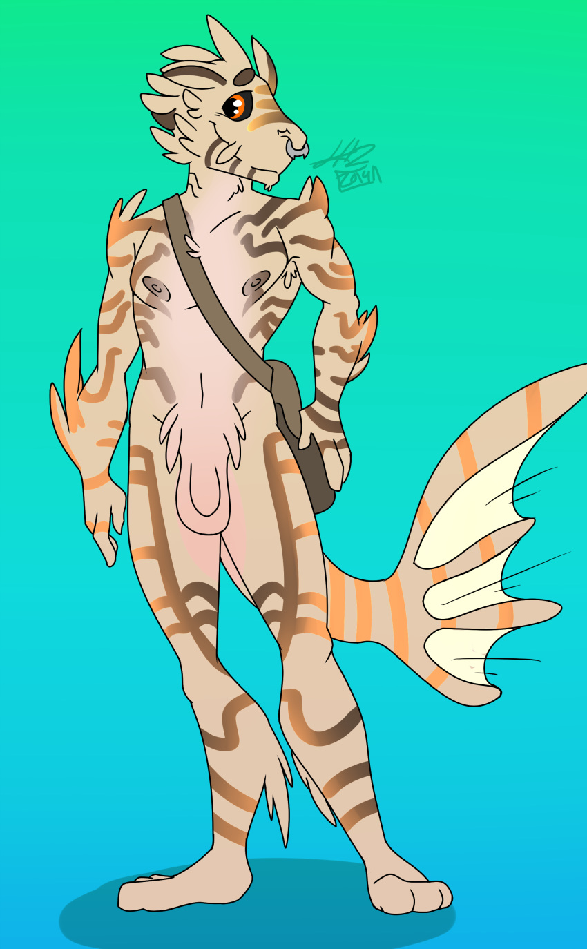 1boy 2019 absurd_res anthro armpit_hair balls black_sclera digital_media_(artwork) fin fish gills hi_res lionfish looking_at_viewer male male_only marine nipples nude penis piercing simple_background smile solo standing stripes sylvanedadeer uncut