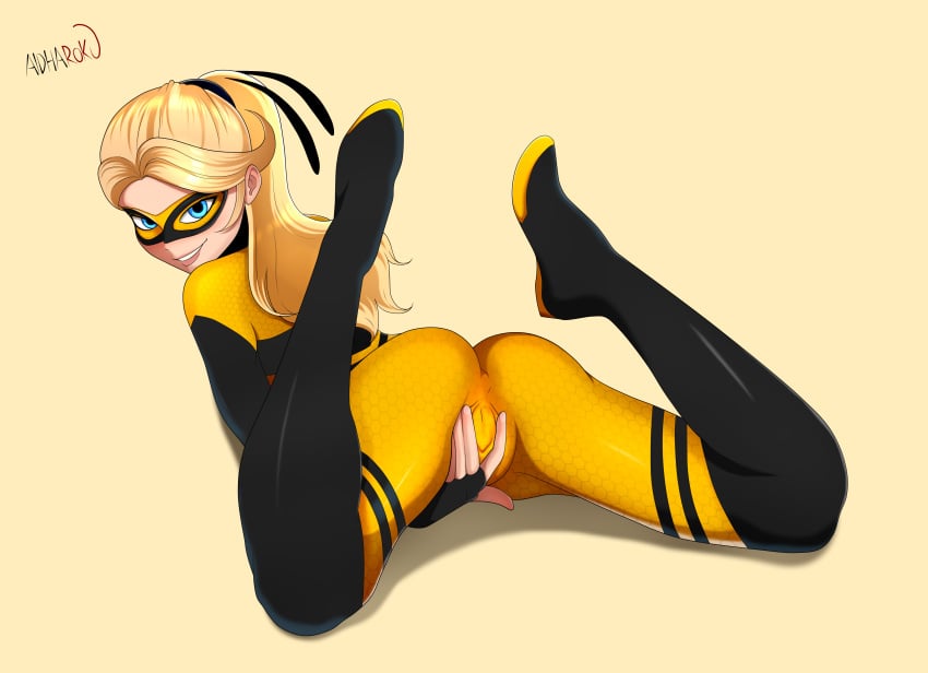 1girls aldharoku ass back_view blonde_hair blue_eyes bodysuit chloe_bourgeois clothed female female_only hi_res long_hair looking_at_viewer looking_back mask miraculous_ladybug png queen_bee queen_bee_(character) skin_tight smile solo solo_female spread_pussy spread_pussy_under_clothes