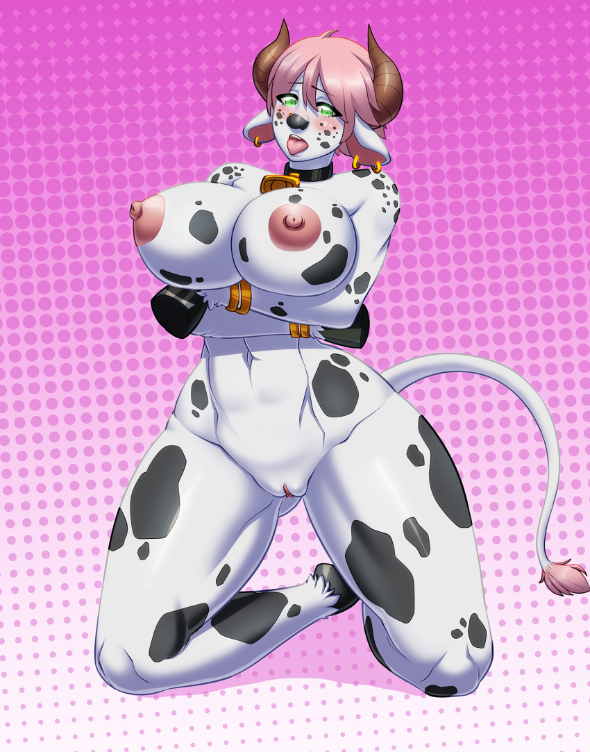 1girls anthro areolae arms_under_breasts big_breasts blush bovine cow_ears cow_girl cow_horns cow_print cow_tail cowbell ear_ring female female_only green_eyes hi_res hooved_hands hooves horns jagua_tales kneeling looking_at_viewer mesiasart monica_del_rio nipples nude nude_female open_mouth pink_hair pussy short_hair solo solo_female tail thick_thighs tongue_out