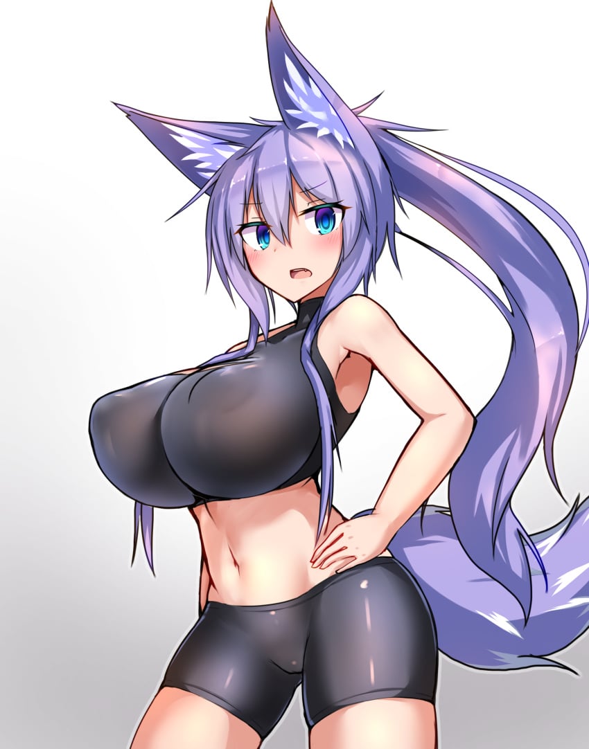 1girls animal_ears bare_shoulders bike_shorts blue_eyes blush breasts covered_nipples female fox_ears fox_tail hair_between_eyes halterneck hand_on_hip highres huge_breasts indigo_(tylwing) lavender_hair light-skinned_female light_skin long_hair looking_at_viewer midriff open_mouth original short_shorts shorts sleeveless solo sports_bra tail toned tylwing very_long_hair