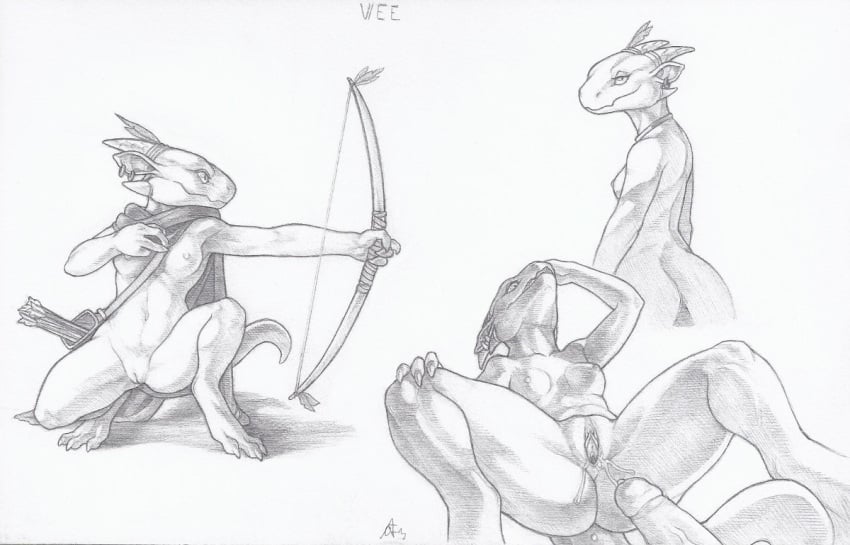 anthro bow_(weapon) breasts crestfallenartist disembodied_penis erection female greyscale humanoid_penis kobold male monochrome mostly_nude multiple_images nipples penis pussy ranged_weapon solo_focus spread_legs spreading straight weapon