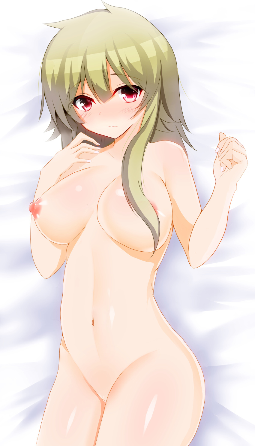 1girls blush breasts colleague-chan female female_only growing_naru ikinokore!_shachiku-chan lying naked nude red_eyes