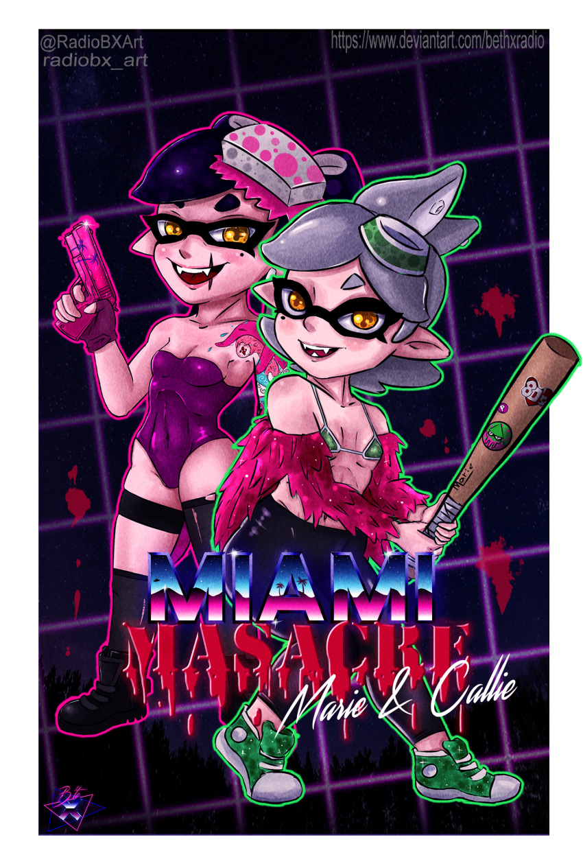 bat blood callie_(splatoon) cute duo gun hotline_miami hotline_miami_2 inkling inkling_girl marie_(splatoon) neon_grid one-piece_swimsuit radiobx short_hair shortstack smooth_skin splatoon splatoon_2 squid squid_sisters synthwave tattoo violence yellow_eyes