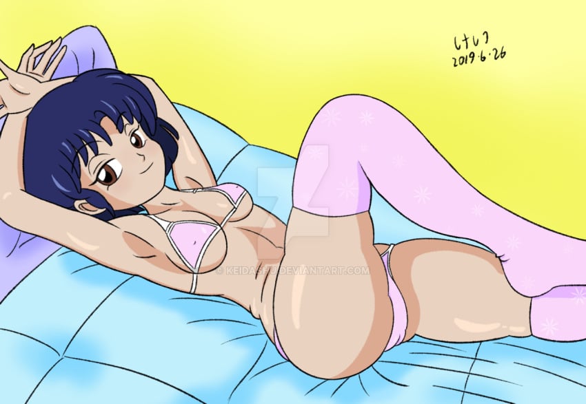 akane_tendo armpits arms_up bra female keidashu medium_breasts nipples panties ranma_1/2 relaxing small_breasts solo stockings underboob