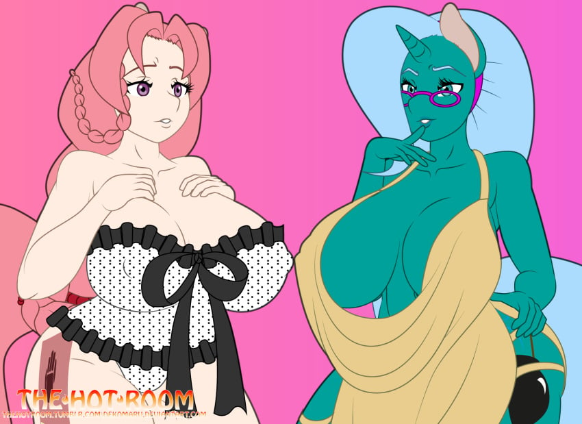 accessory anthro big_breasts breasts clothing dekomaru dress duo equid erect_nipples eyewear fan_character female glasses hair hair_accessory hairband hazel_lulamoon horn lingerie looking_at_viewer loose_dress mammal mature_female my_little_pony navel nipples thick_thighs unicorn wide_hips