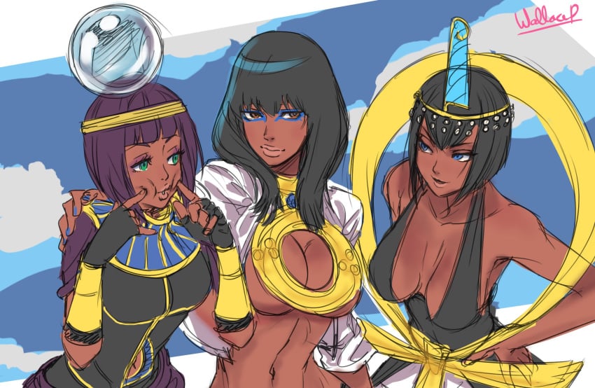 3girls alice_(zero_escape) big_breasts black_hair blue_eyes bob_cut breasts brown_eyes busty capcom cleavage cleavage_cutout crossover dark-skinned_female dark_skin eastern_and_western_character egyptian eliza_(skullgirls) eyeshadow female female_only green_eyes large_breasts menat multiple_girls navel purple_hair skullgirls street_fighter street_fighter_v trait_connection wallace_pires zero_escape