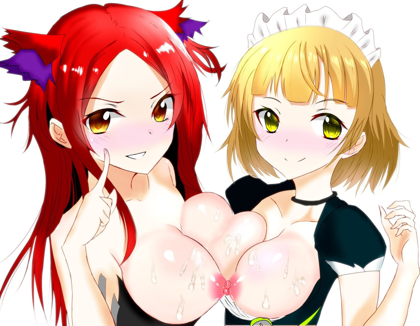 2girls beatless blonde_hair blush breasts breasts_out clothed cum cum_on_breasts growing_naru kouka_(beatless) maid_headdress multiple_girls naked red_hair saturnus_(beatless) smile