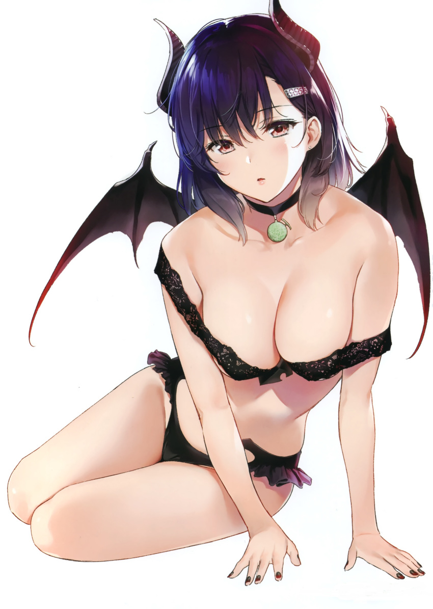 black_bra black_panties blue_hair blush bra breasts cleavage demon demon_girl demon_horns demon_wings female female female_only highres lingerie looking_at_viewer original panties red_eyes strap_slip umakuchi_shouyu