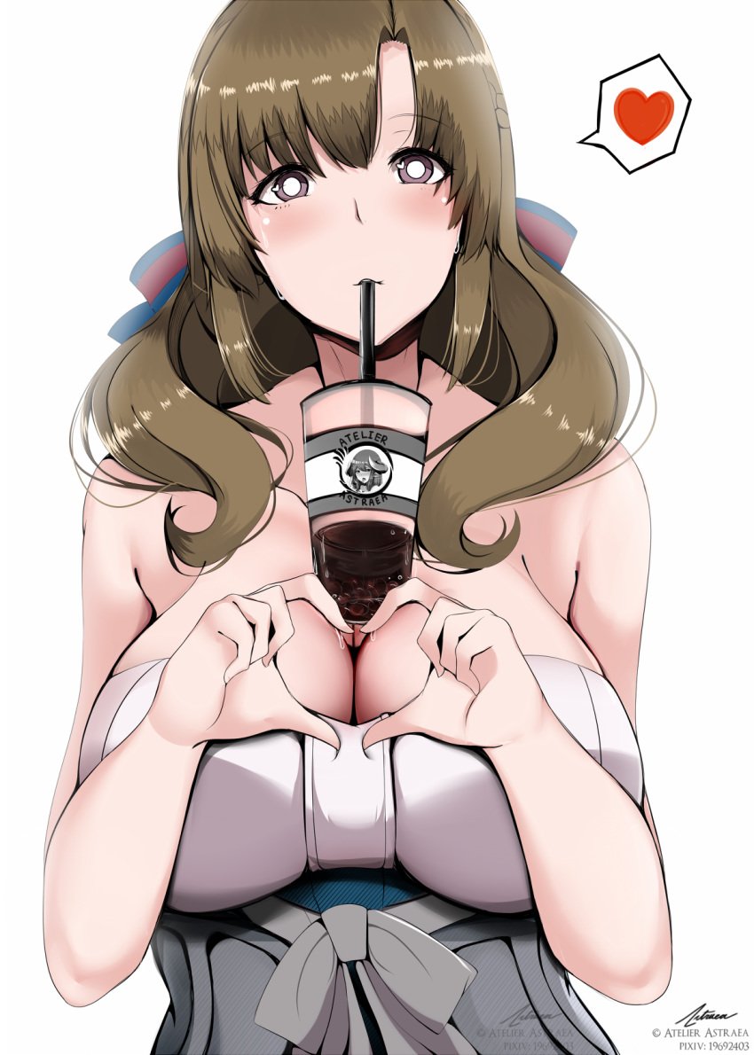 1girls astraea_(atelierastraea) breasts brown_hair bubble_tea_challenge busty cleavage clothed clothes drink drinking female female_only heart heart-shaped_pupils heart_eyes huge_breasts oosuki_mamako purple_eyes solo text tsuujou_kougeki_ga_zentai_kougeki_de_ni-kai_kougeki_no_okaasan_wa_suki_desu_ka? url watermark